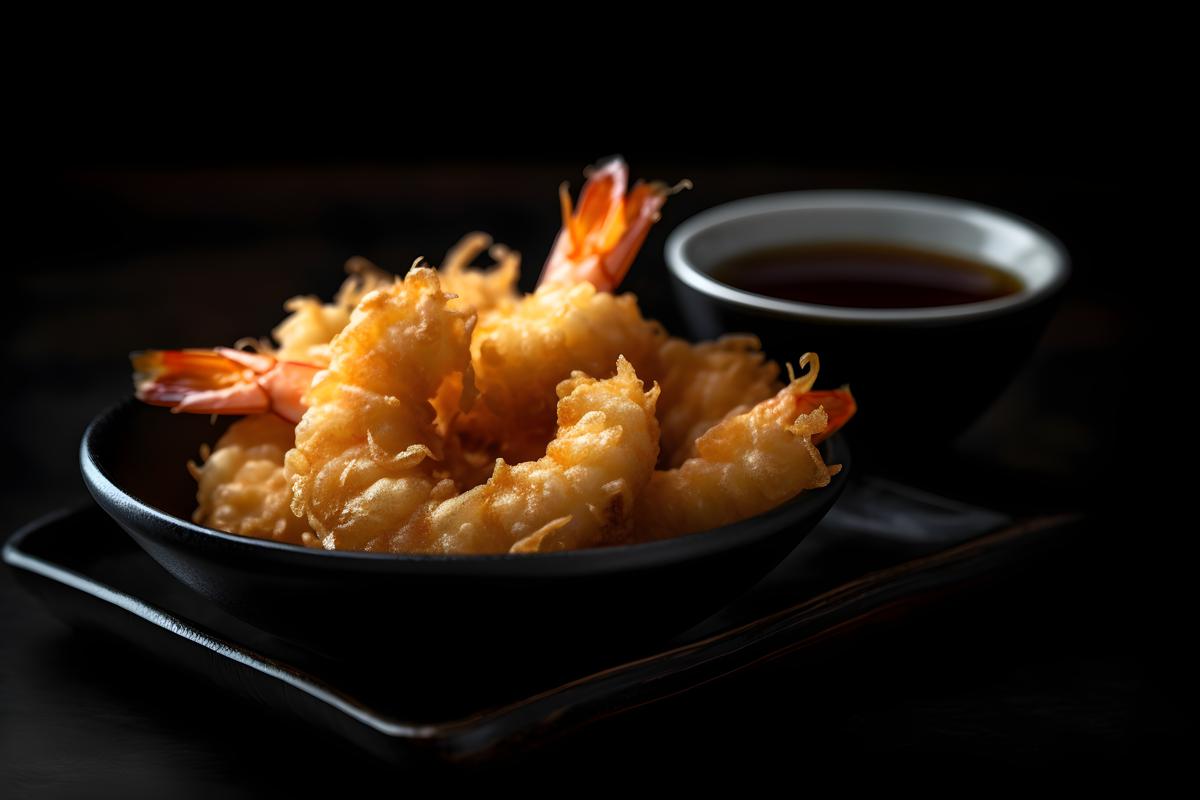 A tray of crispy tempura shrimp with dipping sauce., macro close-up, black background, realism, hd, 35mm photograph, sharp, sharpened, 8k picture