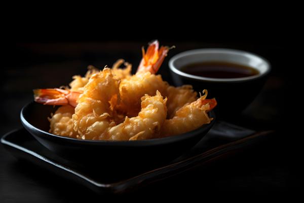 A tray of crispy tempura shrimp with dipping sauce., macro close-up, black background, realism, hd, 35mm photograph, sharp, sharpened, 8k