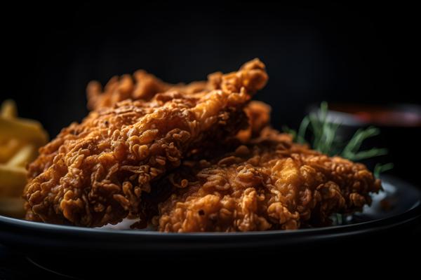 A plate of crispy fried chicken with french fries, macro close-up, black background, realism, hd, 35mm photograph, sharp, sharpened, 8k