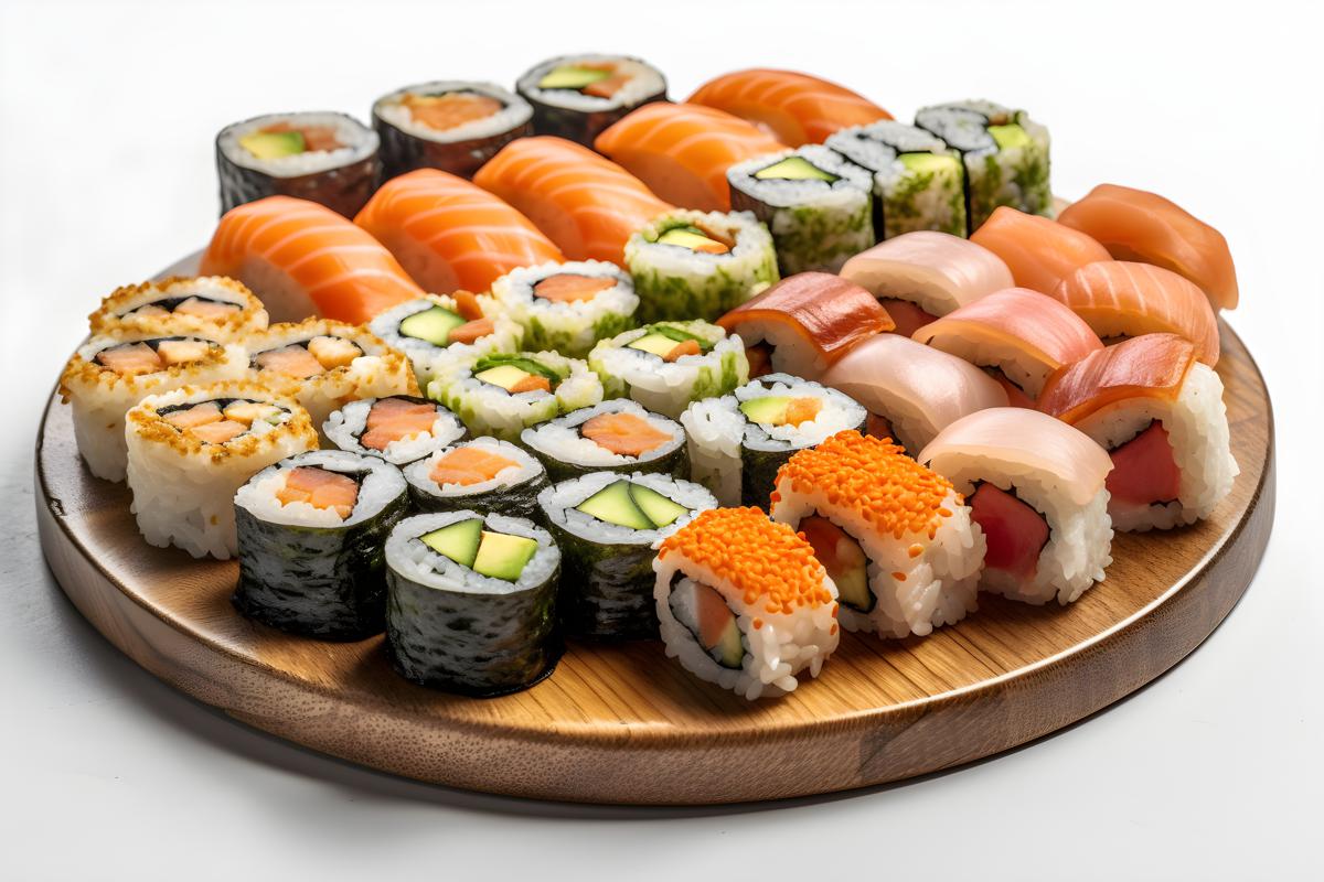 A tray of assorted sushi rolls with wasabi and ginger, close-up, white background, realism, hd, 35mm photograph, sharp, sharpened, 8k picture