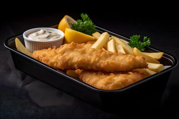 A tray of crispy fish and chips with tartar sauce, close-up, white background, realism, hd, 35mm photograph, sharp, sharpened, 8k