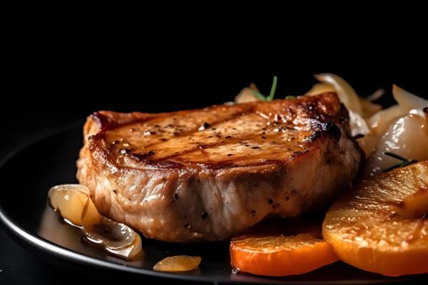 A plate of grilled pork chops with apples and onions, macro close-up, black background, realism, hd, 35mm photograph, sharp, sharpened, 8k