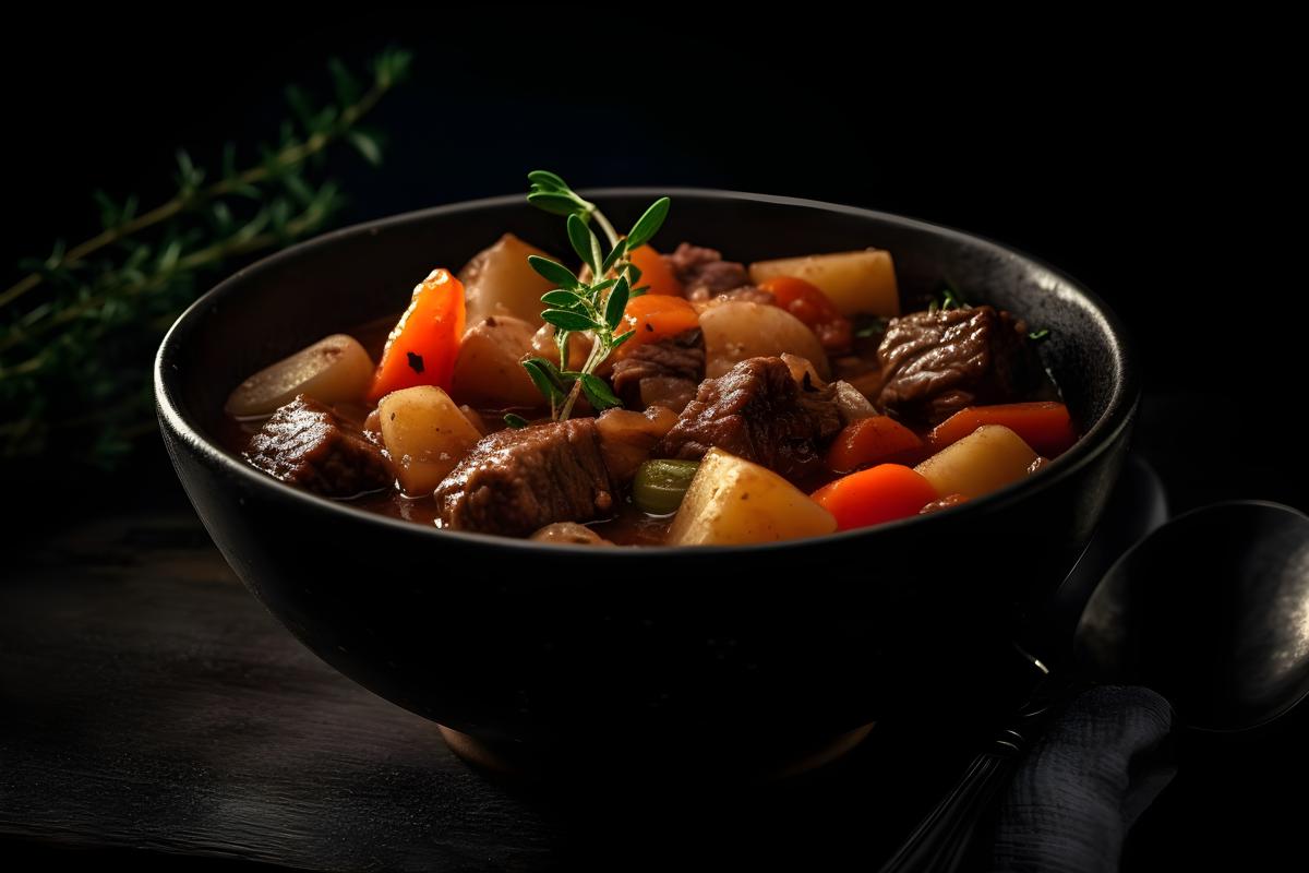 A bowl of hearty beef stew with vegetables and potatoes, macro close-up, black background, realism, hd, 35mm photograph, sharp, sharpened, 8k picture
