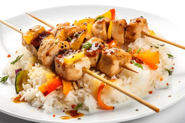 Grilled chicken skewers with vegetables and rice, close-up, white background, realism, hd, 35mm photograph, sharp, sharpened, 8k