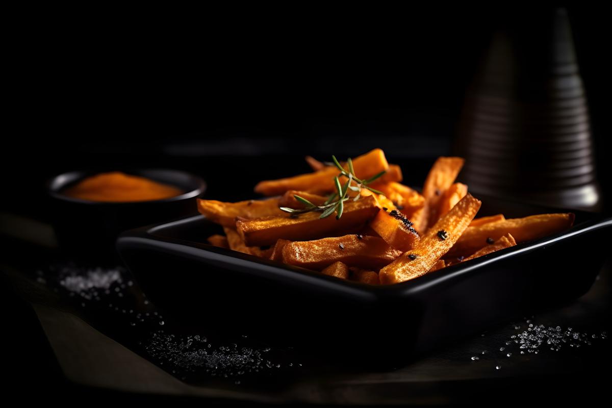 A tray of crispy sweet potato fries with dipping sauce, macro close-up, black background, realism, hd, 35mm photograph, sharp, sharpened, 8k picture