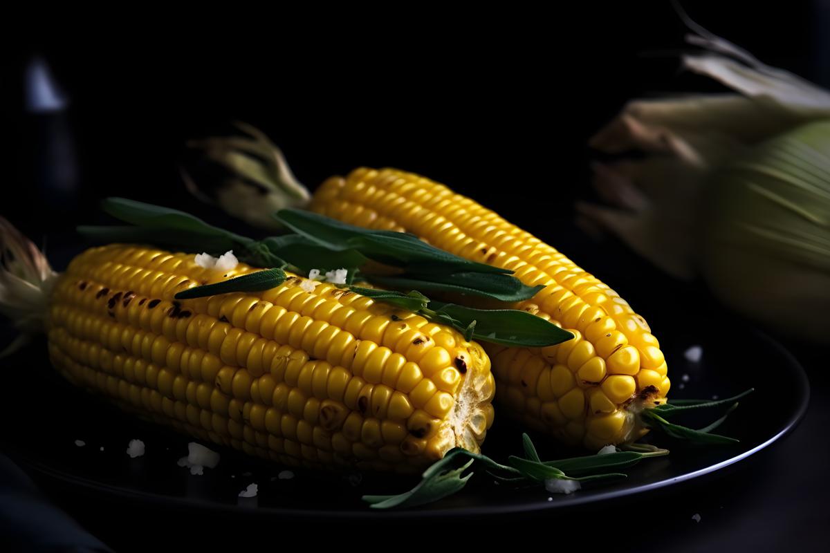A plate of grilled corn on the cob with butter and herbs, macro close-up, black background, realism, hd, 35mm photograph, sharp, sharpened, 8k picture
