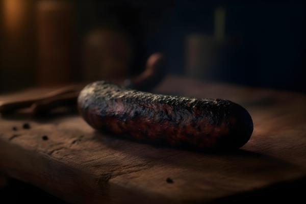 a piece of blackened sausage, sitting on a rustic style table realistic, realism, hd, 35mm photograph, sharp, sharpened, 8k