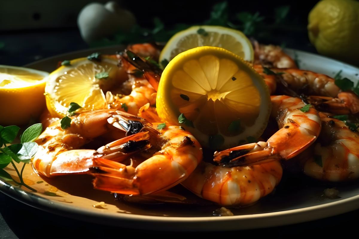 A plate of grilled shrimp with lemon and herbs, close-up, white background, realism, hd, 35mm photograph, sharp, sharpened, 8k picture