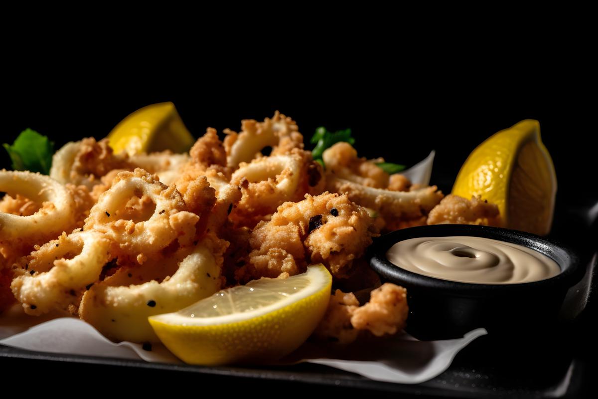 A tray of crispy fried calamari with lemon and aioli sauce, macro close-up, black background, realism, hd, 35mm photograph, sharp, sharpened, 8k picture