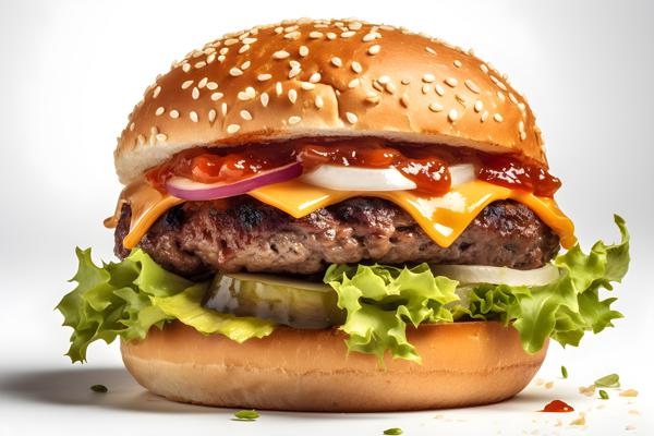 A juicy burger with lettuce and cheese on a bun, close-up, white background, realism, hd, 35mm photograph, sharp, sharpened, 8k