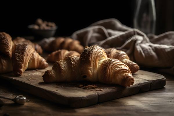 Freshly baked croissants on a wooden table, close-up, white background, realism, hd, 35mm photograph, sharp, sharpened, 8k
