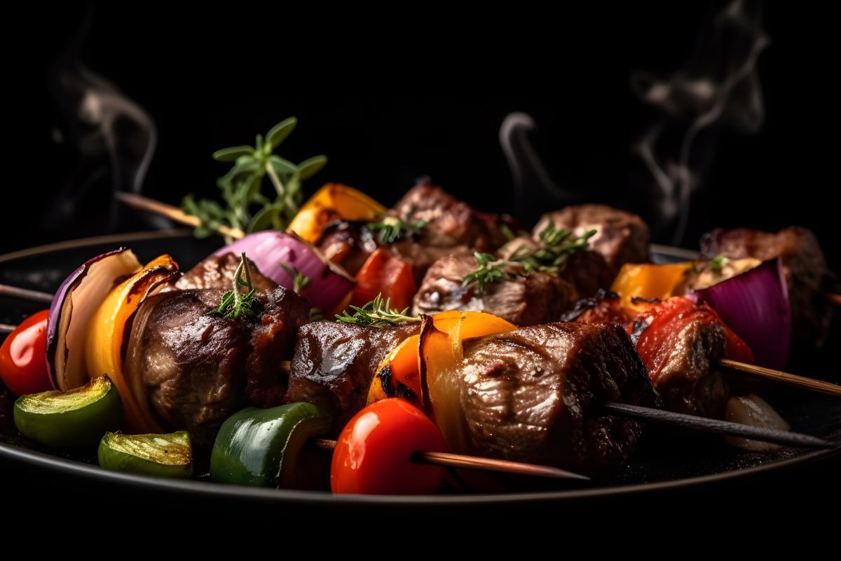 A plate of grilled beef kebabs with vegetables, macro close-up, black background, realism, hd, 35mm photograph, sharp, sharpened, 8k picture