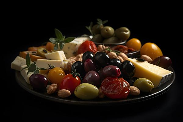 A platter of assorted antipasti with olives and cheese, macro close-up, black background, realism, hd, 35mm photograph, sharp, sharpened, 8k