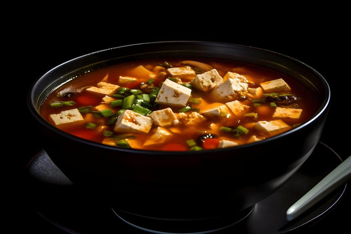 A bowl of hot and sour soup with tofu and vegetables, macro close-up, black background, realism, hd, 35mm photograph, sharp, sharpened, 8k picture