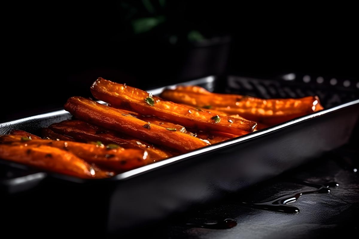 A tray of crispy sweet potato fries with dipping sauce, macro close-up, black background, realism, hd, 35mm photograph, sharp, sharpened, 8k picture