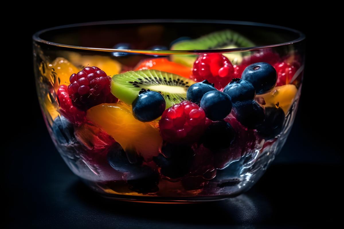 A colorful fruit salad in a glass bowl, macro close-up, black background, realism, hd, 35mm photograph, sharp, sharpened, 8k picture