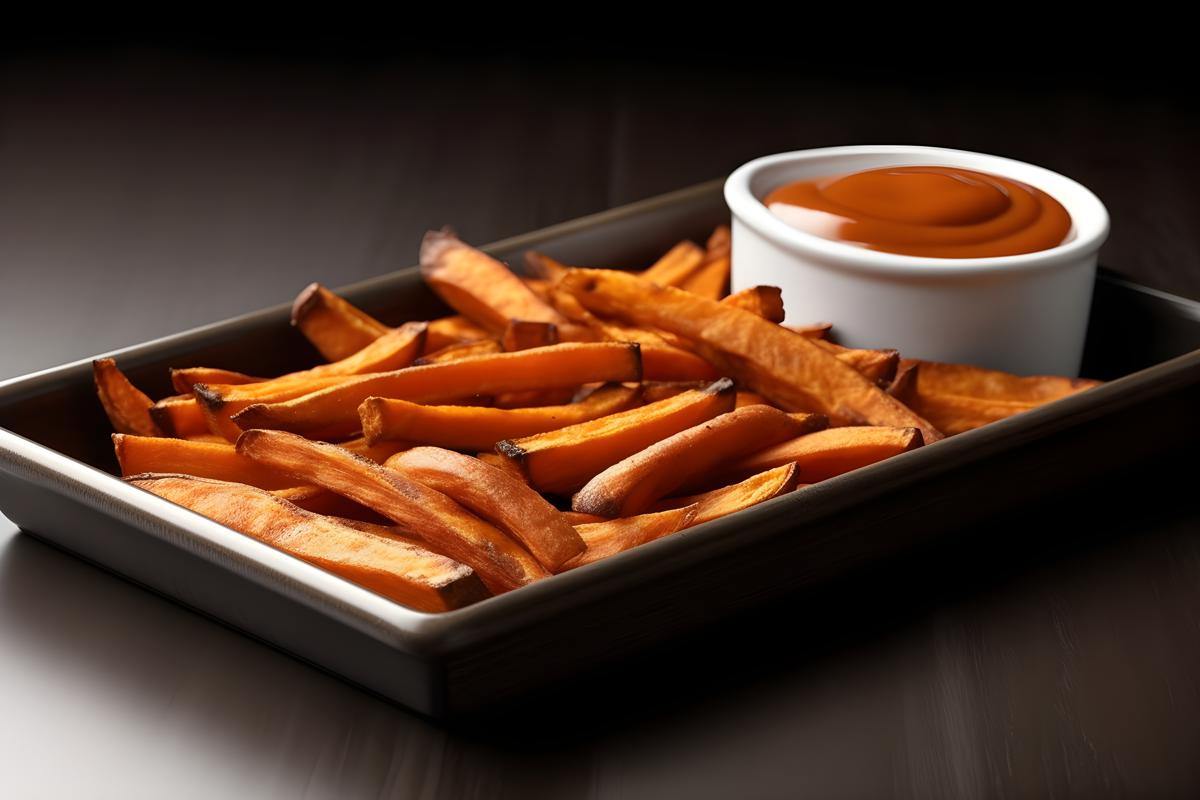 A tray of crispy sweet potato fries with dipping sauce, close-up, white background, realism, hd, 35mm photograph, sharp, sharpened, 8k picture