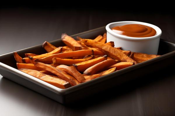 A tray of crispy sweet potato fries with dipping sauce, close-up, white background, realism, hd, 35mm photograph, sharp, sharpened, 8k