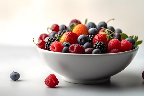 A bowl of colorful fresh berries on a white background, close-up, white background, realism, hd, 35mm photograph, sharp, sharpened, 8k