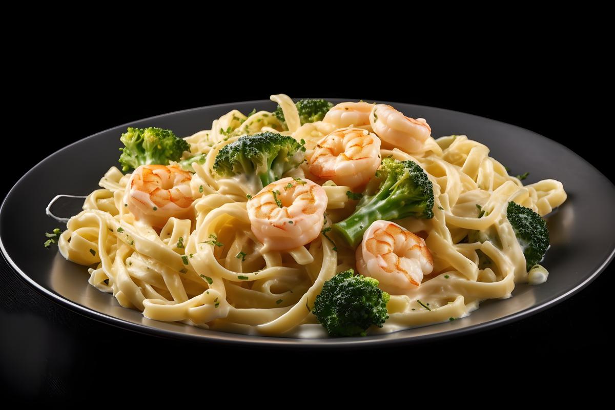 A plate of creamy pasta with shrimp and broccoli, close-up, white background, realism, hd, 35mm photograph, sharp, sharpened, 8k picture