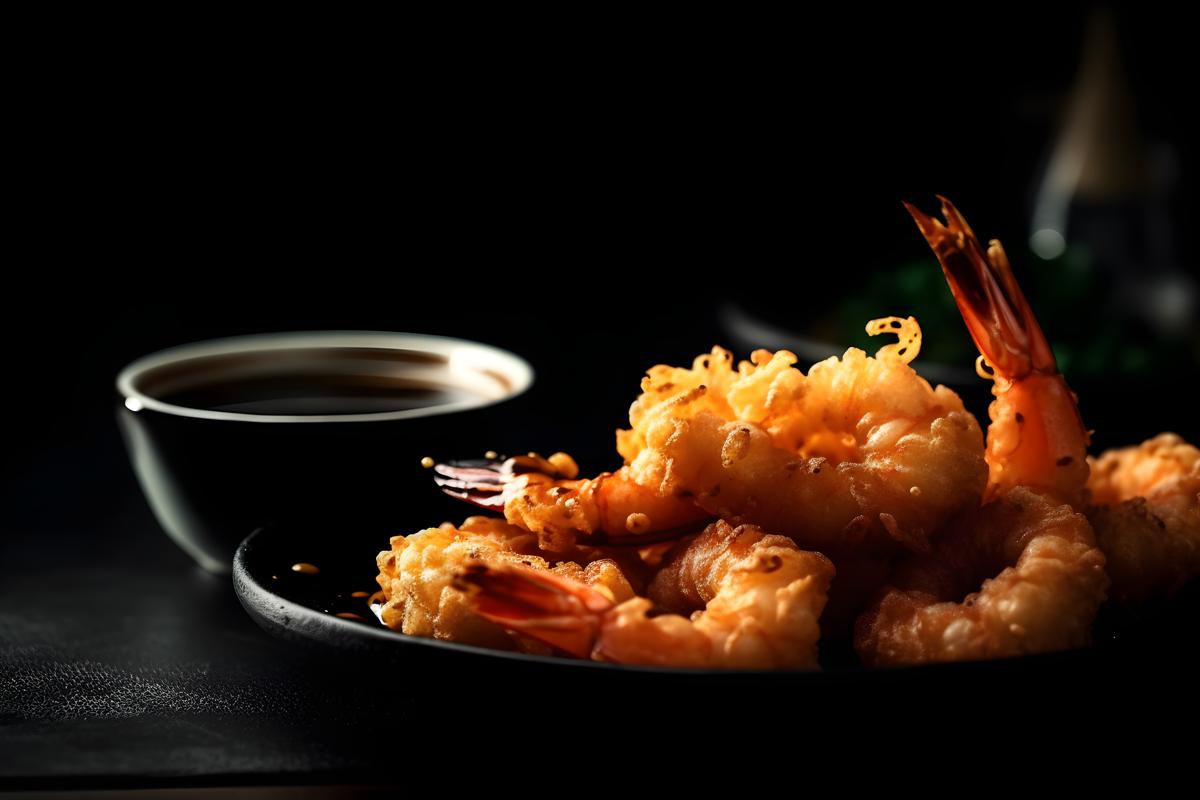 A tray of crispy tempura shrimp with dipping sauce., macro close-up, black background, realism, hd, 35mm photograph, sharp, sharpened, 8k picture