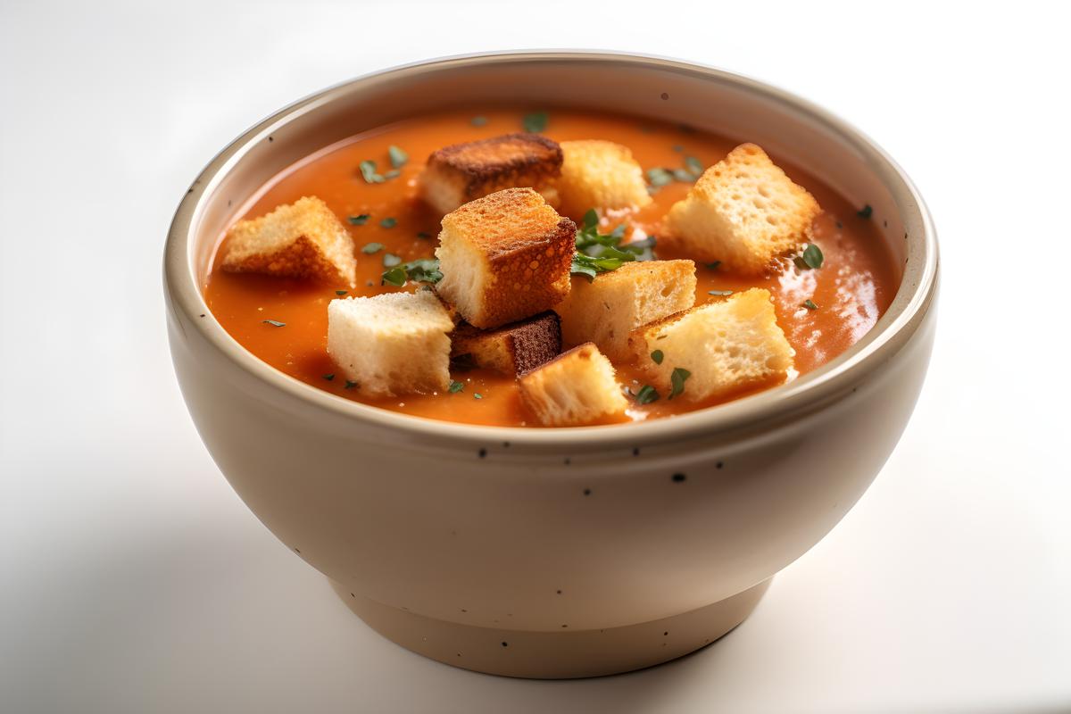 A pot of creamy tomato soup with croutons, close-up, white background, realism, hd, 35mm photograph, sharp, sharpened, 8k picture