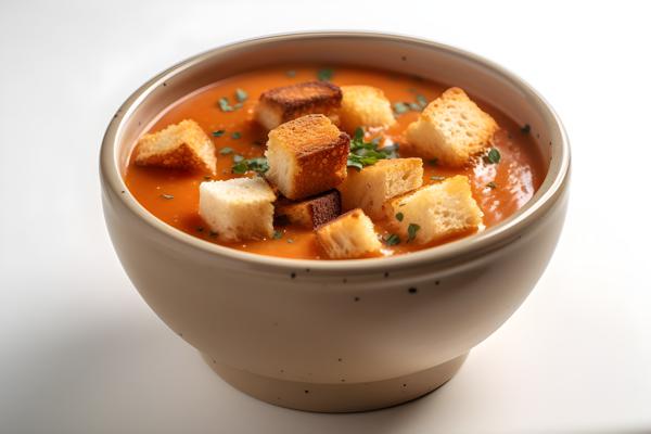 A pot of creamy tomato soup with croutons, close-up, white background, realism, hd, 35mm photograph, sharp, sharpened, 8k