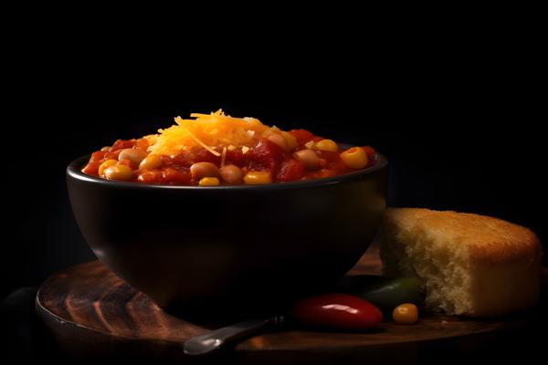 A bowl of hot chili with a side of cornbread, macro close-up, black background, realism, hd, 35mm photograph, sharp, sharpened, 8k
