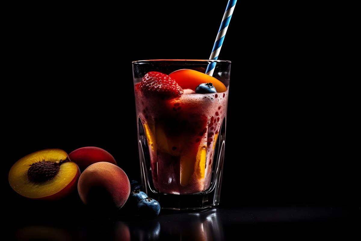 A refreshing fruit smoothie in a glass with a straw, macro close-up, black background, realism, hd, 35mm photograph, sharp, sharpened, 8k picture