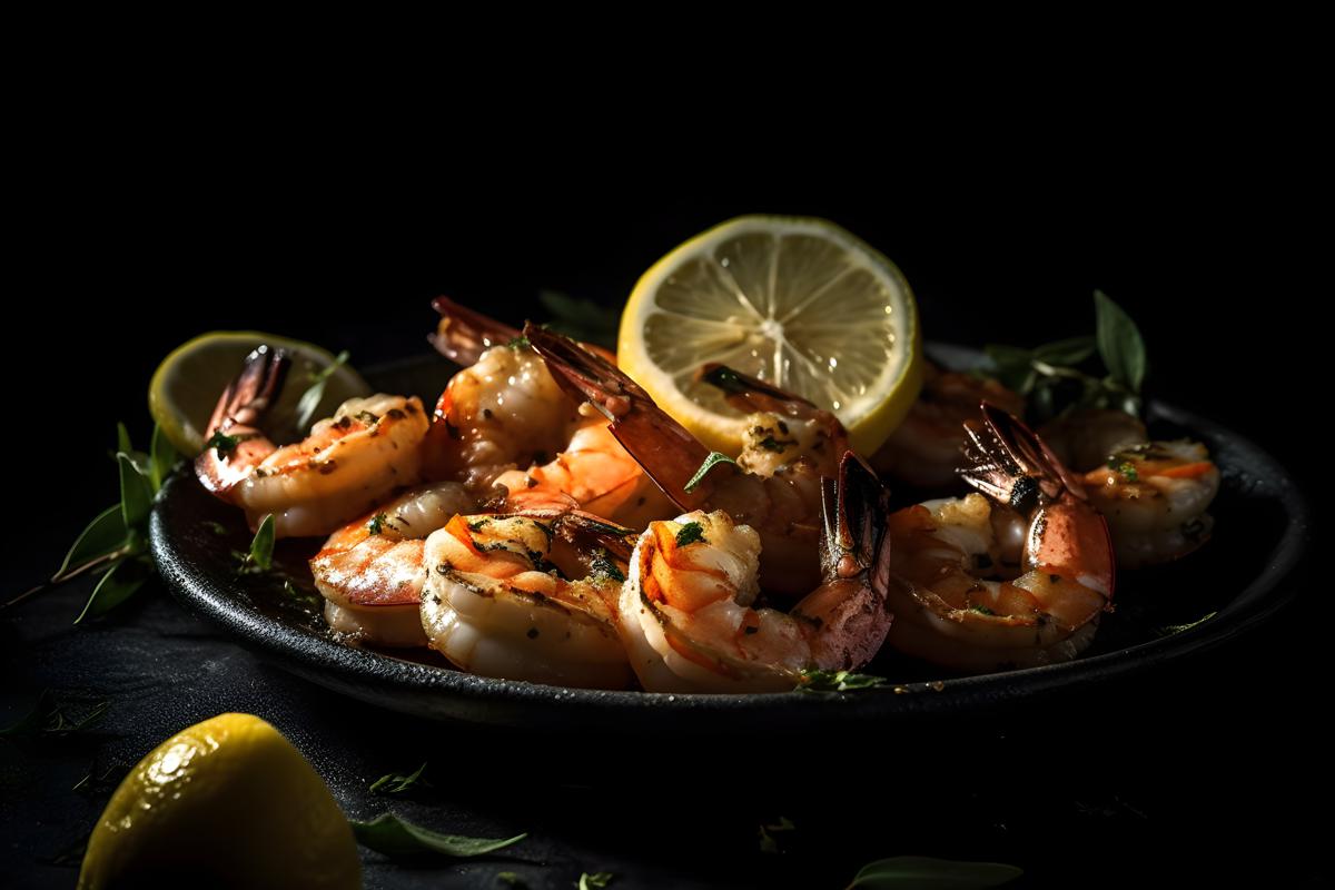 A plate of grilled shrimp with lemon and herbs, macro close-up, black background, realism, hd, 35mm photograph, sharp, sharpened, 8k picture