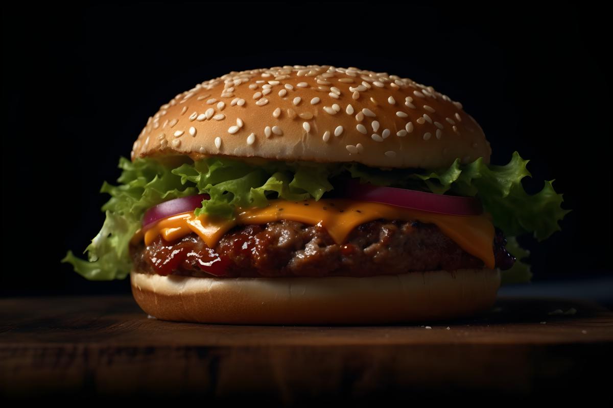 A juicy burger with lettuce and cheese on a bun, macro close-up, black background, realism, hd, 35mm photograph, sharp, sharpened, 8k picture