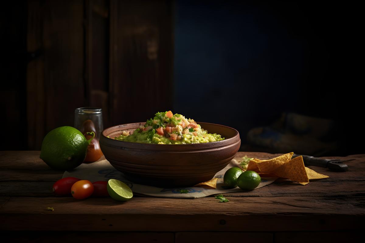 a piece of mexican tacos and guacamole pot, sitting on a rustic style table realistic, black background realism, hd, 35mm photograph, sharp, sharpened, 8k picture