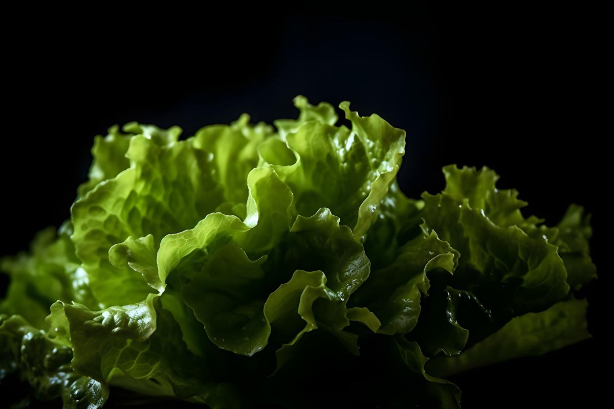 organic fresh lettuce, macro close-up, black background, realism, hd, 35mm photograph, sharp, sharpened, 8k picture