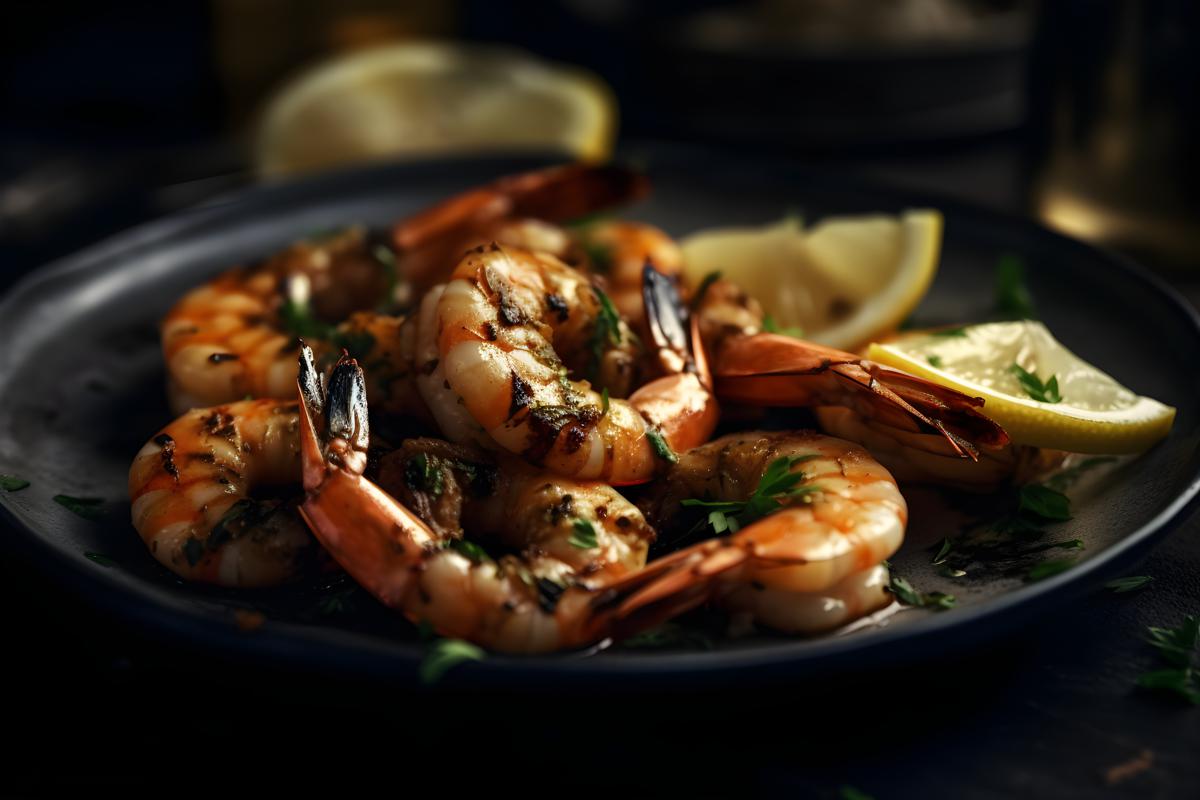 A plate of grilled shrimp with lemon and herbs, close-up, white background, realism, hd, 35mm photograph, sharp, sharpened, 8k picture