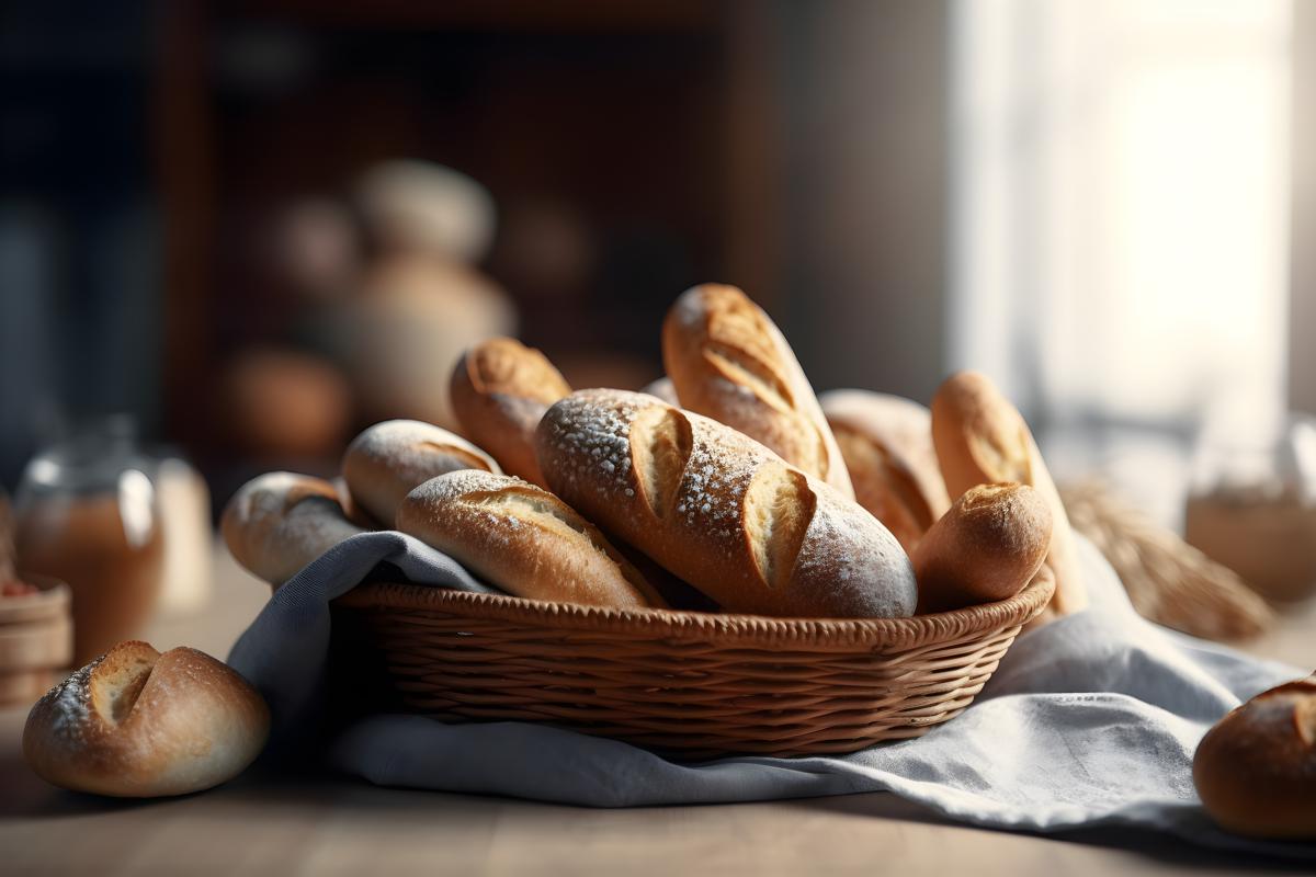 A basket of freshly baked bread on a wooden table, close-up, white background, realism, hd, 35mm photograph, sharp, sharpened, 8k picture