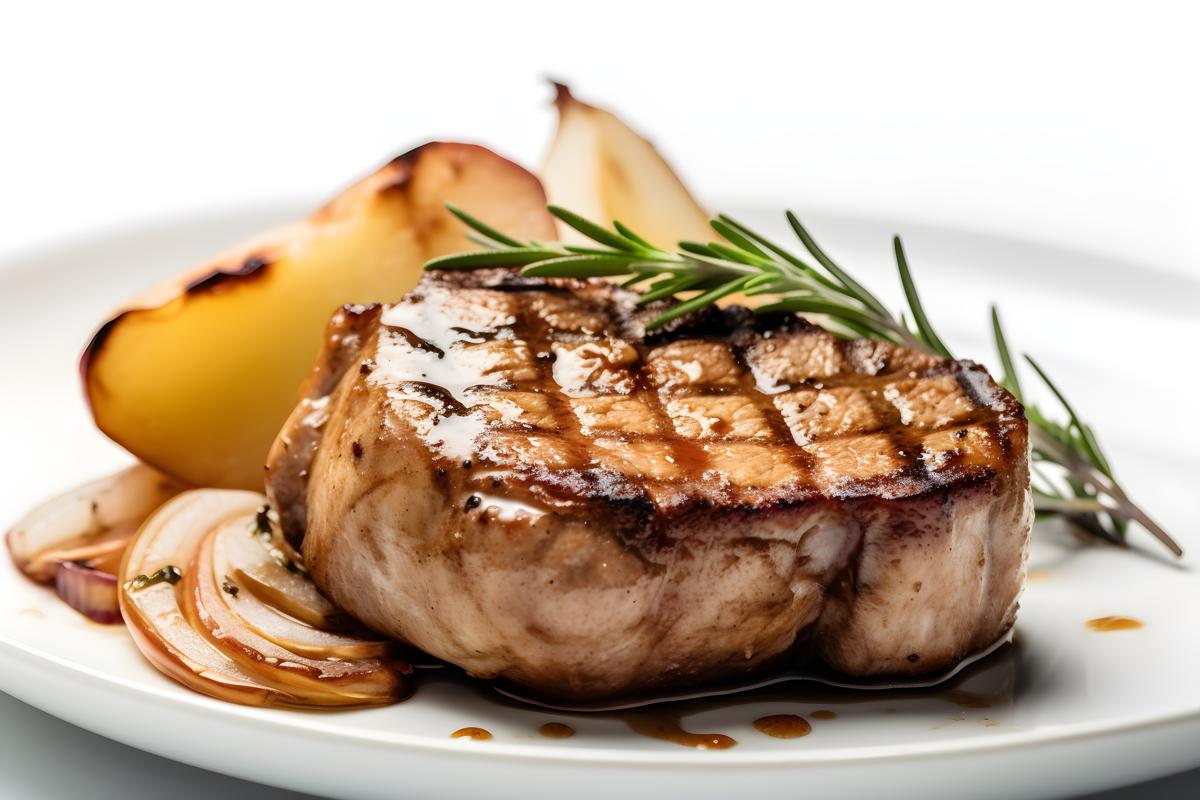 A plate of grilled pork chops with apples and onions, close-up, white background, realism, hd, 35mm photograph, sharp, sharpened, 8k picture