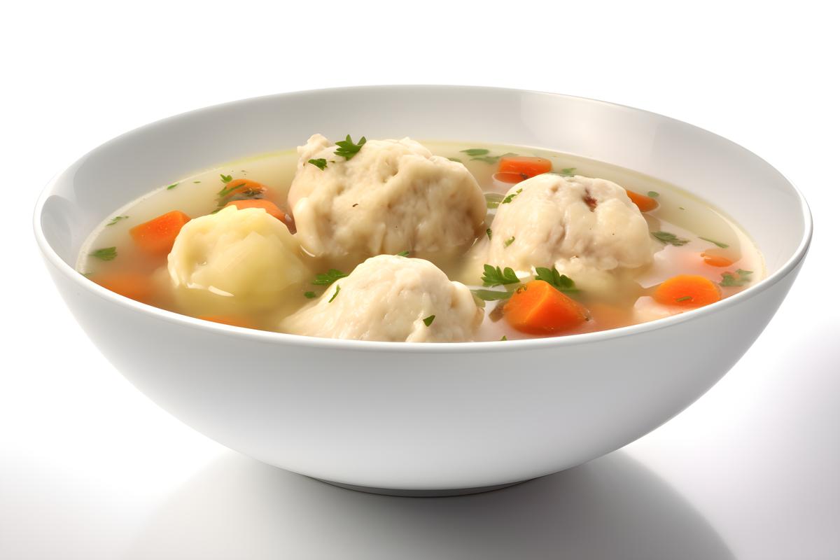 A bowl of hearty chicken and dumpling soup, close-up, white background, realism, hd, 35mm photograph, sharp, sharpened, 8k picture