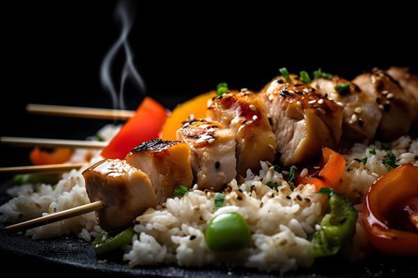 Grilled chicken skewers with vegetables and rice, macro close-up, black background, realism, hd, 35mm photograph, sharp, sharpened, 8k