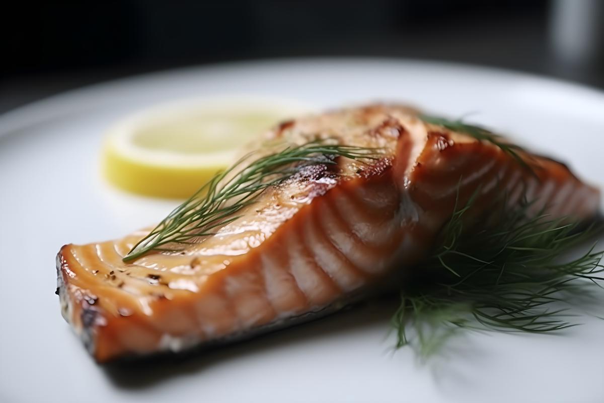 A plate of grilled salmon with lemon and dill, close-up, white background, realism, hd, 35mm photograph, sharp, sharpened, 8k picture