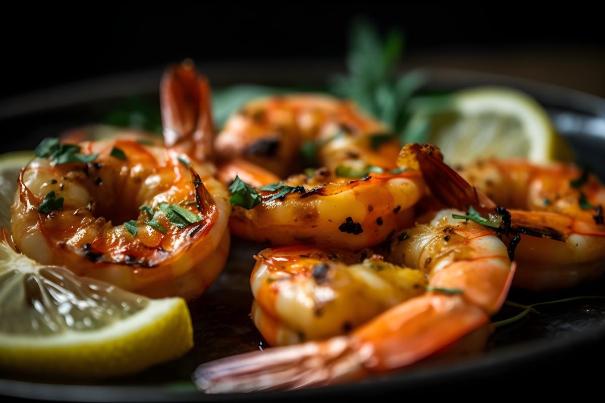 A plate of grilled shrimp with lemon and herbs, close-up, white background, realism, hd, 35mm photograph, sharp, sharpened, 8k picture