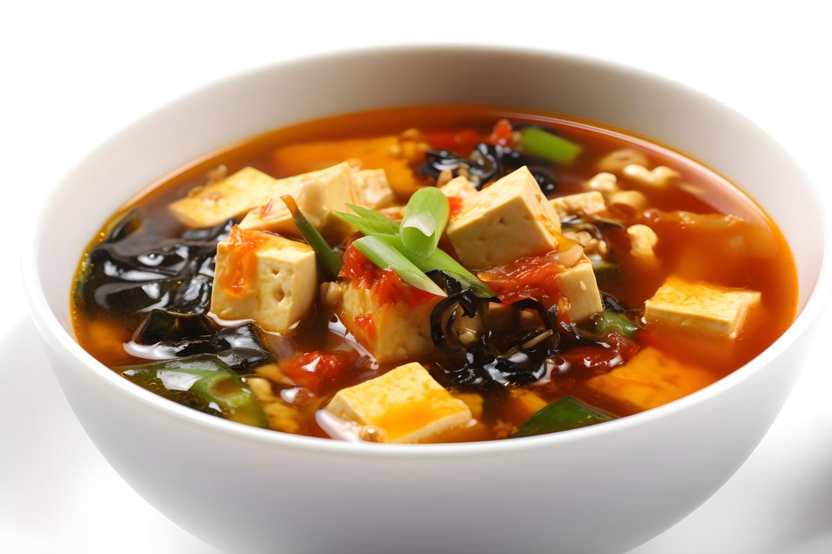 A bowl of hot and sour soup with tofu and vegetables, close-up, white background, realism, hd, 35mm photograph, sharp, sharpened, 8k picture