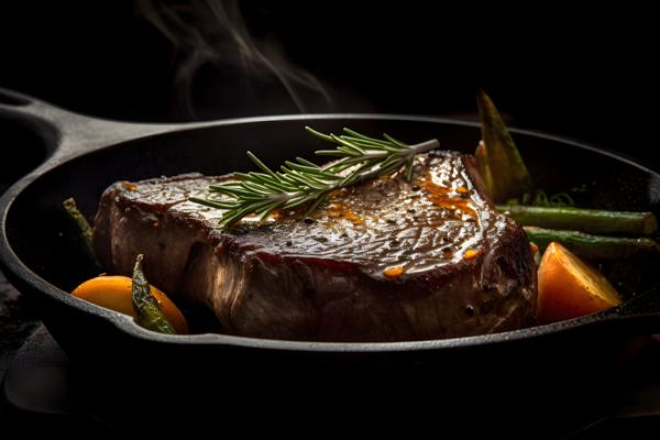 Sizzling steak on a cast-iron skillet with vegetables, macro close-up, black background, realism, hd, 35mm photograph, sharp, sharpened, 8k