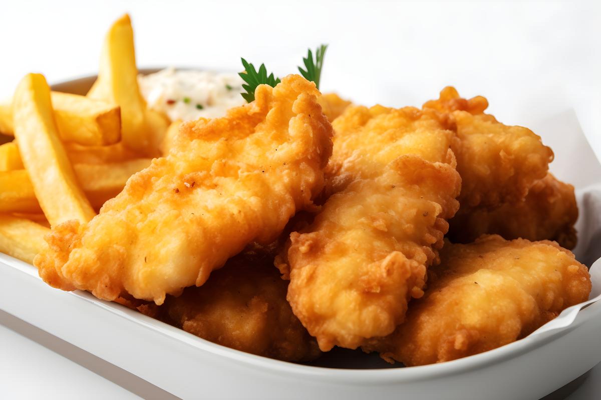 A tray of crispy fish and chips with tartar sauce, close-up, white background, realism, hd, 35mm photograph, sharp, sharpened, 8k picture