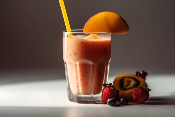 A refreshing fruit smoothie in a glass with a straw, close-up, white background, realism, hd, 35mm photograph, sharp, sharpened, 8k