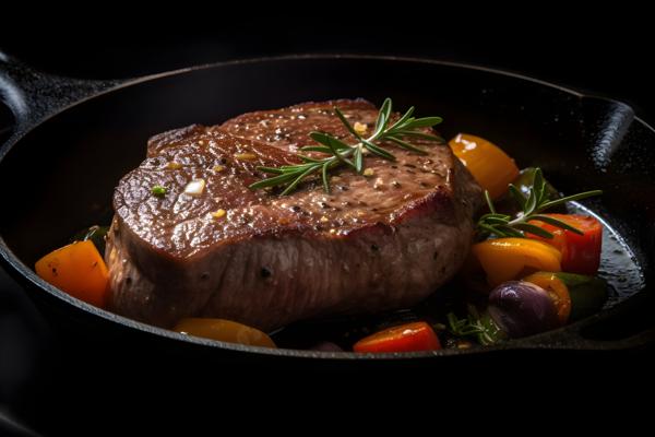 Sizzling steak on a cast-iron skillet with vegetables, macro close-up, black background, realism, hd, 35mm photograph, sharp, sharpened, 8k