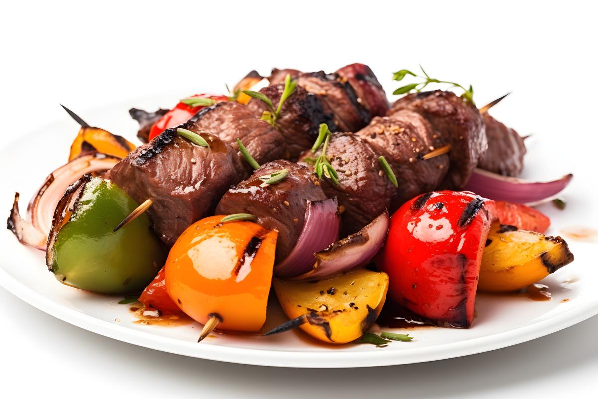 A plate of grilled beef kebabs with vegetables, close-up, white background, realism, hd, 35mm photograph, sharp, sharpened, 8k picture