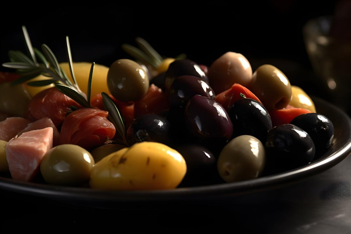 A platter of assorted antipasti with olives and cheese, macro close-up, black background, realism, hd, 35mm photograph, sharp, sharpened, 8k picture