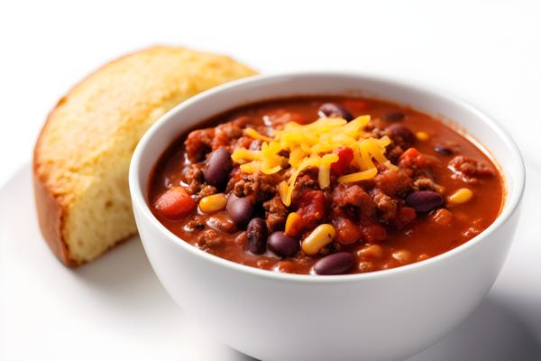 A bowl of hot chili with a side of cornbread, close-up, white background, realism, hd, 35mm photograph, sharp, sharpened, 8k