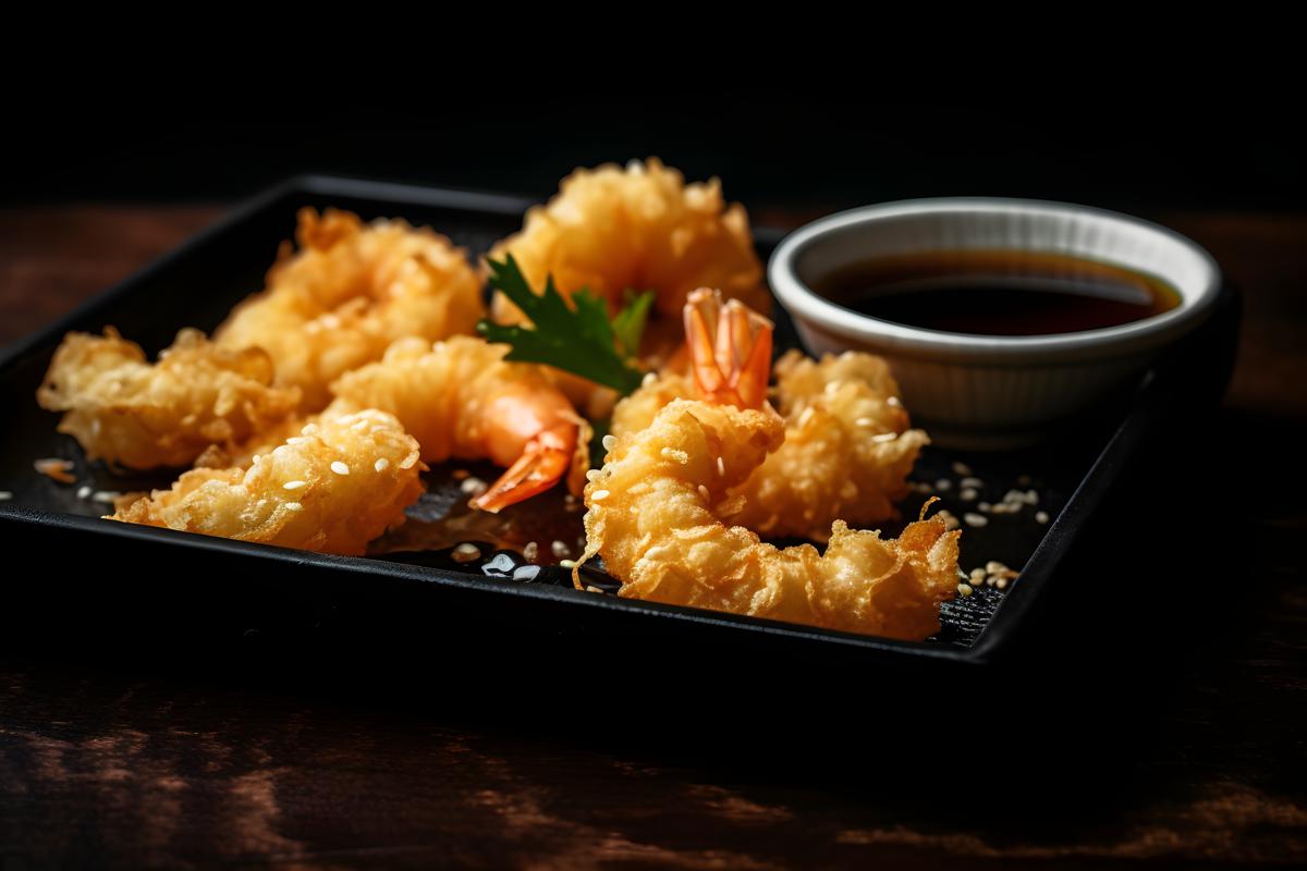 A tray of crispy tempura shrimp with dipping sauce., macro close-up, black background, realism, hd, 35mm photograph, sharp, sharpened, 8k picture
