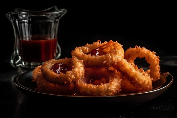 A tray of crispy onion rings with ketchup, macro close-up, black background, realism, hd, 35mm photograph, sharp, sharpened, 8k